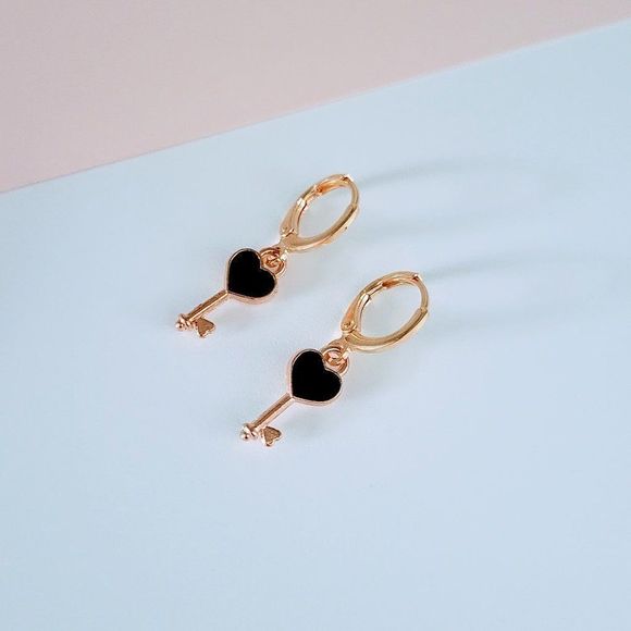 Jewelry - 7/$35 Gold & Black Enamel Heart Key Earrings